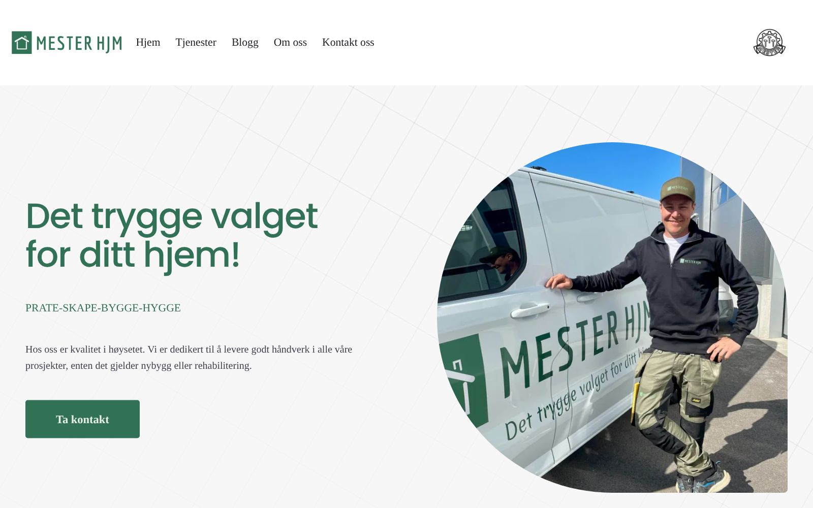 Forsiden på den nye nettsiden til Mester HJM
